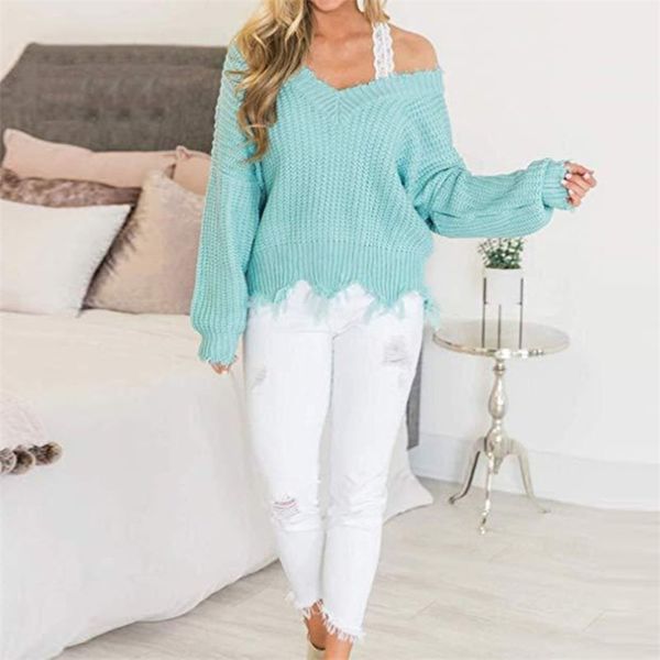 

off the shoulder autumn sweater for women fringe distressed knitted female long sleeve pullover sweaters 210607, White;black