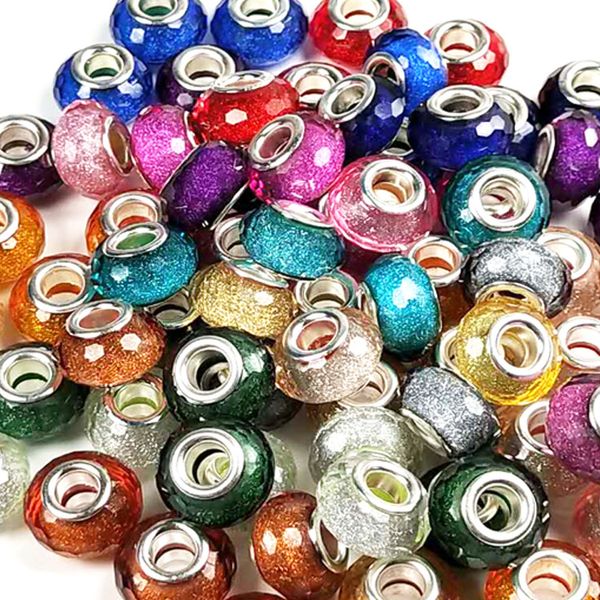 14 Farben, antike, mehrfarbige Glasperlen, 925er-Silberfarbe, Legierungsrohr, passend für europäische 3-mm-Schlangenketten-Charms, Perlenarmbänder