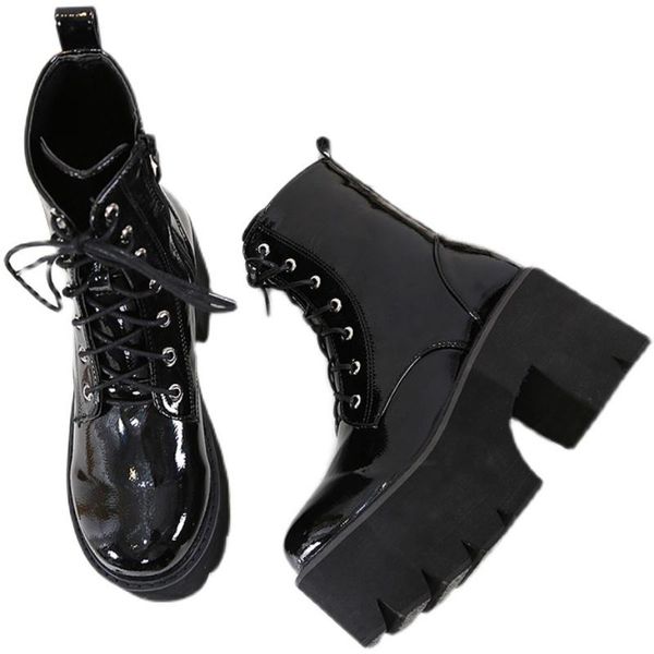 

sandals boots women high heel lace up patent leather, Black