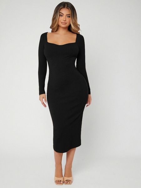 

solid rib-knit sweetheart neck bodycon dress k7et#, Black;gray