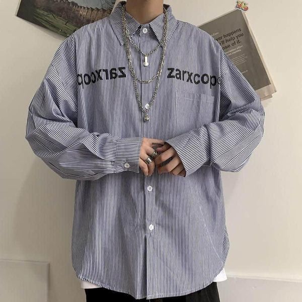 

men's casual shirts korean blouse women men retro trend autumn high street letter printing loose long-sleeved striped shirt jackets, White;black