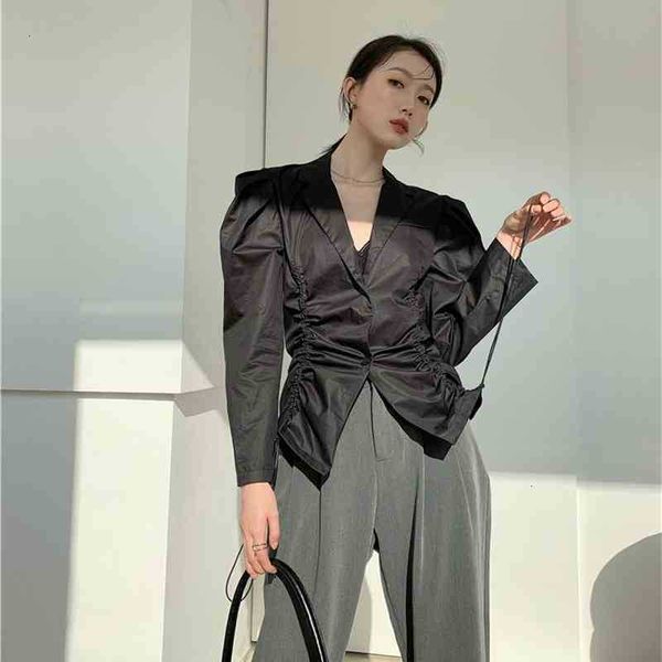 

women's knits & tees spring drawstring designer puff sleeve black lapel button up long blouse fashion ladies clothin 1hfv, White