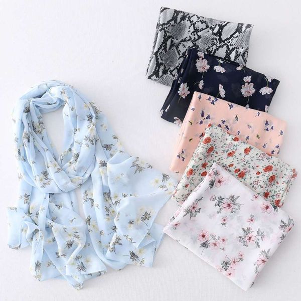 

designer pearl floral scarf printing chiffon, Blue;black