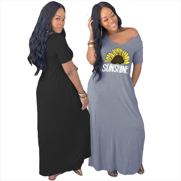 

casual clothes summer short sleeve women dress loose long pockets plus size maxi wholesale dropshipping, Black;gray