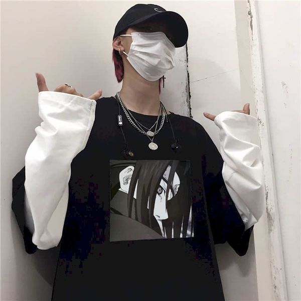 

autumn printing of long-sleeve gothic punk harajuku male shirt tshirt woman couple fake korean streetwear two loose student couples nb5y, White