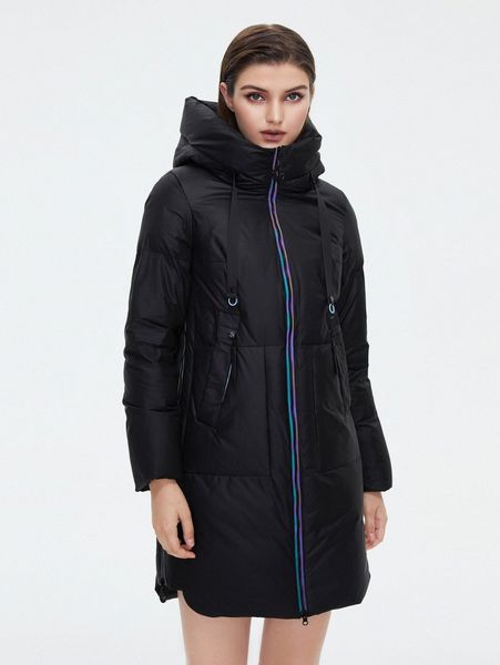 

hailuozi zip up dual pocket tape detail hooded winter coat a7sr#, Black