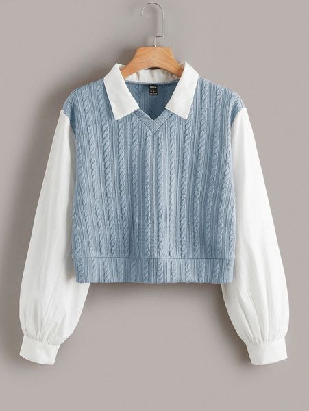 

contrast collar cable knit 2 in 1 blouse o6uv#, White
