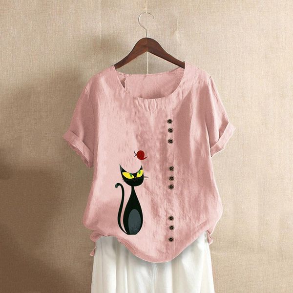 

cartoon cat animal pattern print blouses women o neck short sleeve buttons cotton linen v neck vintage shirts ropa mujer clothes, White