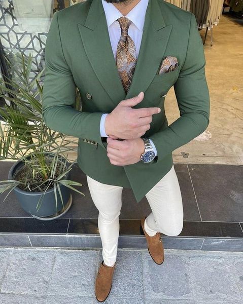 

men's suits & blazers green jacket + ivory pant double breasted men prom slim fit costume homme tuxedo wedding groom terno masculino bl, White;black