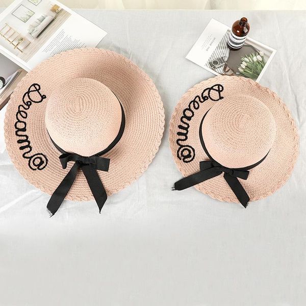 

wide brim hats fashion parent-child sun hat cute children bow hand made women straw cap beach big casual girls summer, Blue;gray