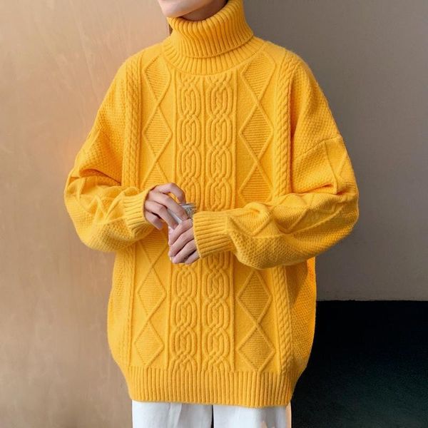 

men's sweaters yellow men fashion cable knit sweater turtleneck pullovers pure color street winter, White;black