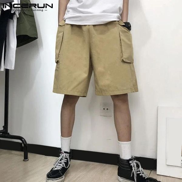 

summer men cargo shorts elastic waist 2021 loose solid color pockets streetwear casual wide leg shorts men bottoms 5xl incerun 7, White;black