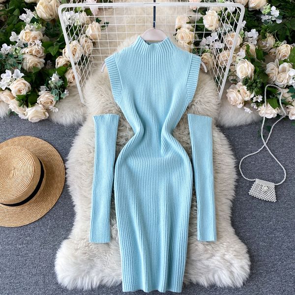 

women knitted dress autumn winter stand collar off shoulder slim dress bodycon sweater short dress with oversleeve, Black;gray