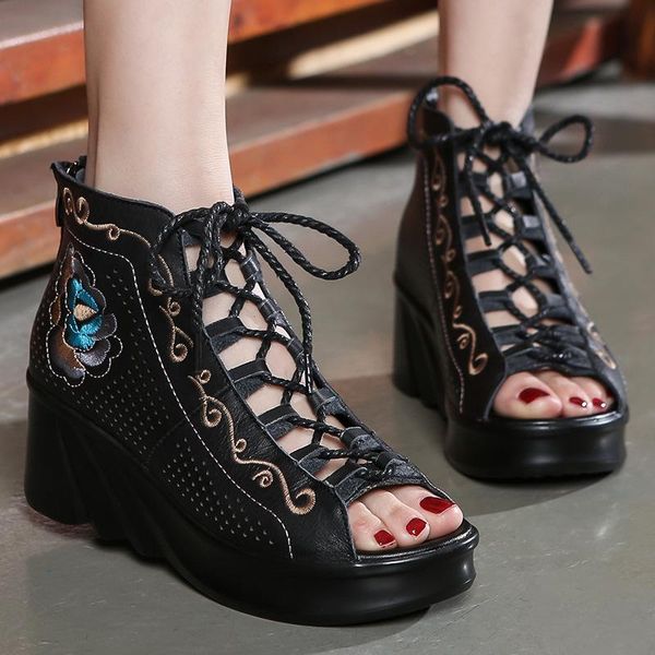 

alishinrey 2021 women sandals new real cowhide hollow fashion summer genuine leather shoes thick heel woman sandals, Black