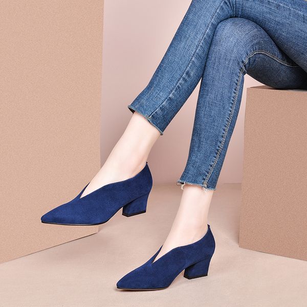 

genuine leather pumps women pointed toe footwear shallow office shoes female fashion chunky heels 5 inch woman spring 2021 new, Black