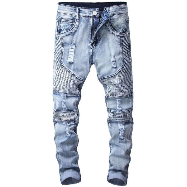 

style pleated elastic slim hole trendy motorcycle pants men's jeans, Blue
