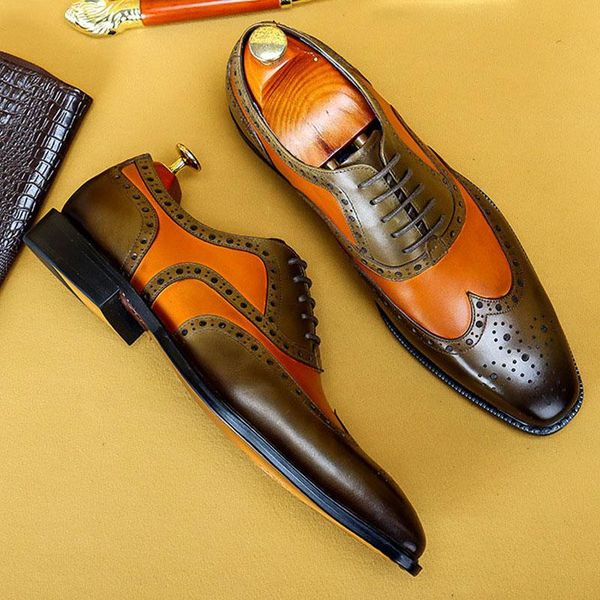 

dress shoes mens formal genuine leather oxford for men italian brown green wedding laces business brogue, Black