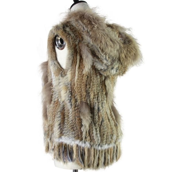 

harppihop fashion rabbit fur vest raccoon trimming knitted with hood waistcoat gilet 211110, Black