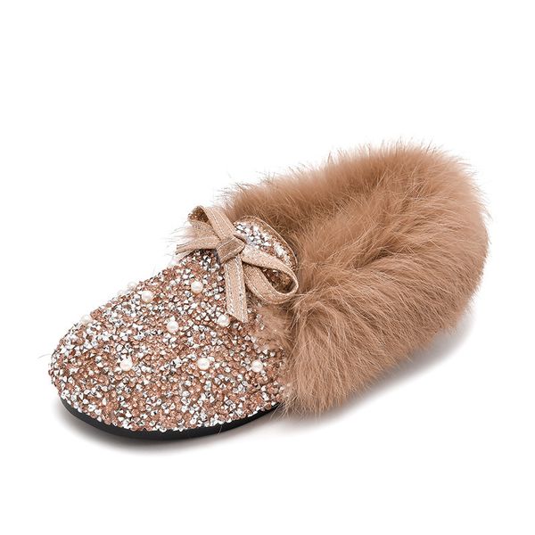 Kinder Casual Schuhe Winter Warme Kinder Loafers Mädchen Wohnungen Glitter Strass Bogen-knoten Echte Echte Kaninchen Fell Flauschige Haarige prinzessin 210308