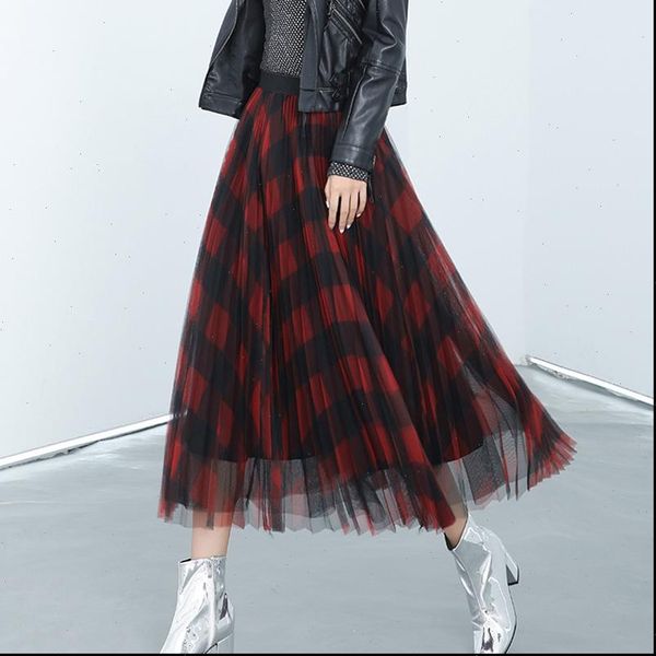 

winter vintage plaid pleated maxi long tulle skirts elegant red green check tartan a line ankle long mesh skirts, Black