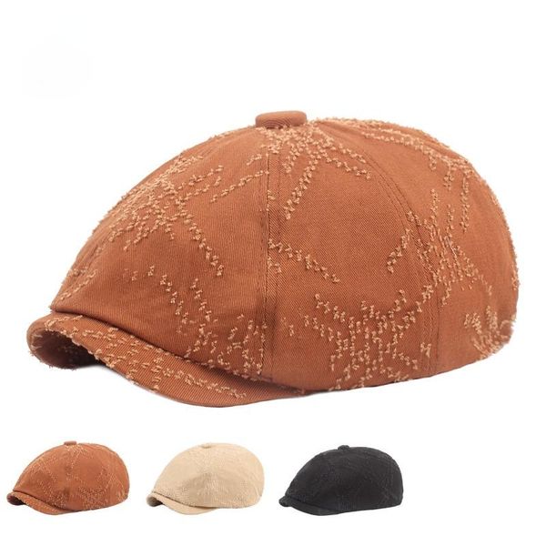 

berets octagonal hat men and women distressed hole beret hats literary youth sboy, Blue;gray