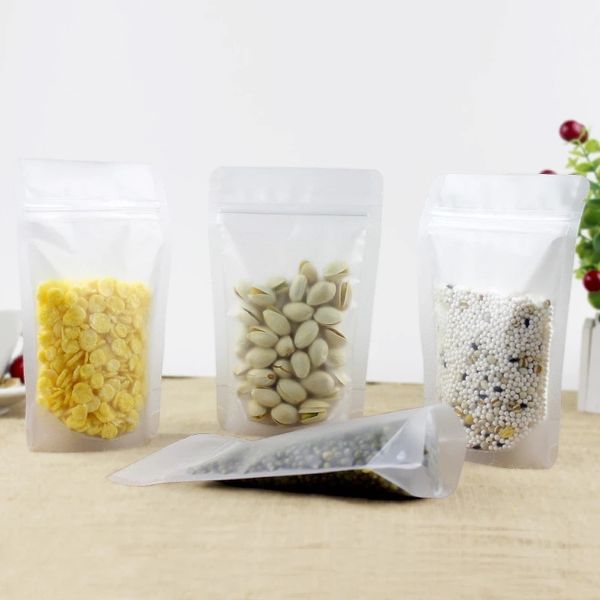 100 pz / lotto Sacchetti con cerniera satinata opaca Sacchetti riutilizzabili sigillabili Stand Up Sacchetti di plastica per snack di alimenti secchi Imballaggio