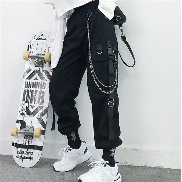 

cargo harem fashion punk women pant pockets jogger trousers with chain harajuku elastics high waist streetwear overalls, Black;white
