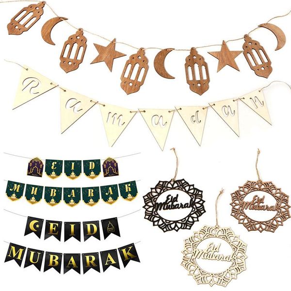 

party decoration eid mubarak wood banner bunting ramadan paper islamic muslim pendants craft hanging festival diy decor
