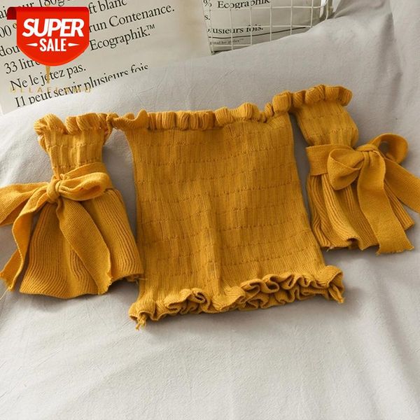 

slash neck strapless women crop short sleeve pleated ruffled lace-up woman t shirts korean kawaii bow knitted tshirts #fs2j, White