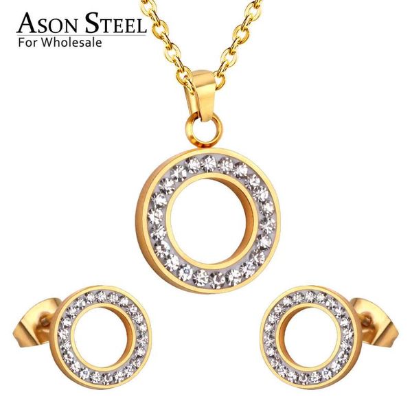 

earrings & necklace asonsteel 316l stainless steel round + cz gold bridal wedding jewelry sets for women 2021 pendant small stud earring, Silver