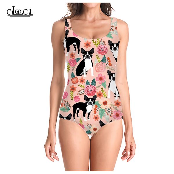 

cloocl summer french bulldog with flower 3d printed women sleeveless swimsuit tight fashion casual swimsuits beach one piece swimwear, White;black
