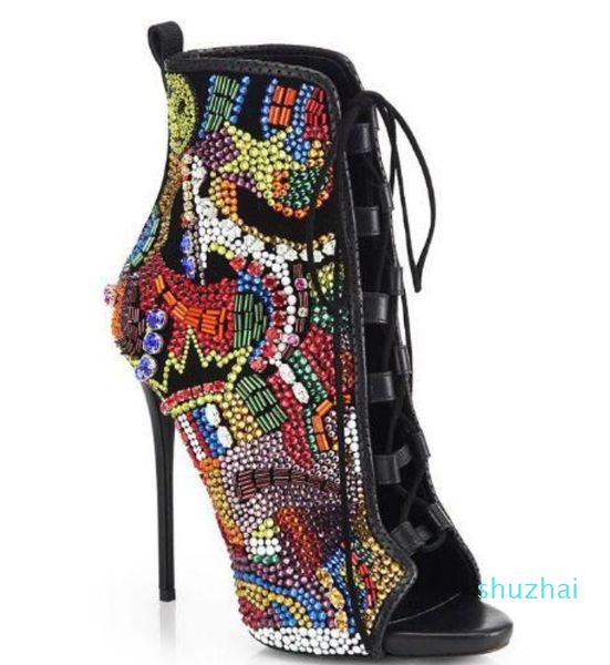 Luxus gemischte Farbe Comic Perlen Kristall Braut Hochzeit Schuhe Frau Peep Toe Lace Up Botas Stiletto High Heels Glitter Strass Knöchelstiefel