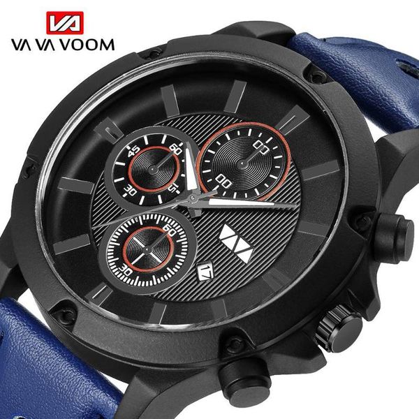 

wristwatches va voom 202 men's sports quartz large round hole breathable belt watch waterproof fashion calendar business male watches, Slivery;brown