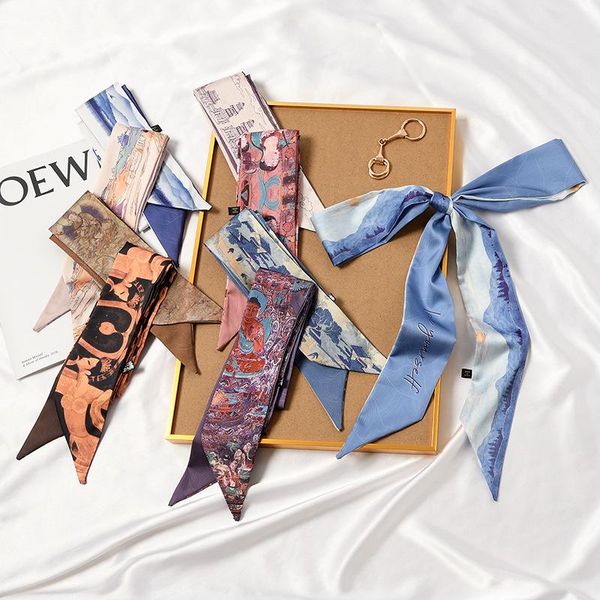 

scarves multifunction long floral print patchwork color scarf four seasons handband neck tie bag handle women shawl, Blue;gray