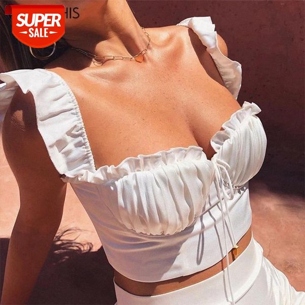 

wannathis white v-neck ruched crop women ruffles lace up sleeveless elegant summer new cropped backless slim short #hm2s