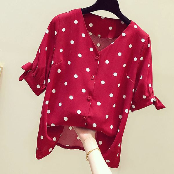 

women spring summer style chiffon blouses shirts lady casual short sleeve v-neck polka dot printed blusas zz388 210225, White