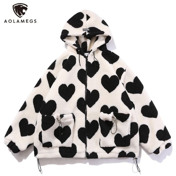 

aolamegs cute heart-shaped print lambswool winter jacket men drawstring pockets zipper hooded high street warm couple streetwear 211015, Black;brown