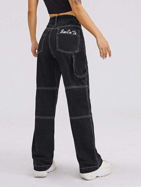

high waist embroidered letter denim jeans j8qb#, Blue
