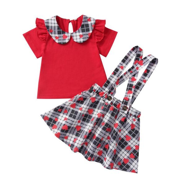 

sweet valentine's day set toddler baby girl plaid heart printed short sleeve t-shirt suspender skirt 2pcs outfits 1-5years, White