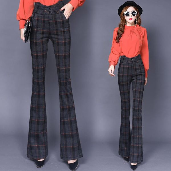 

women's pants & capris winter wool flare thick plaid slim high waist woolen office lady ol casual women trousers, Black;white