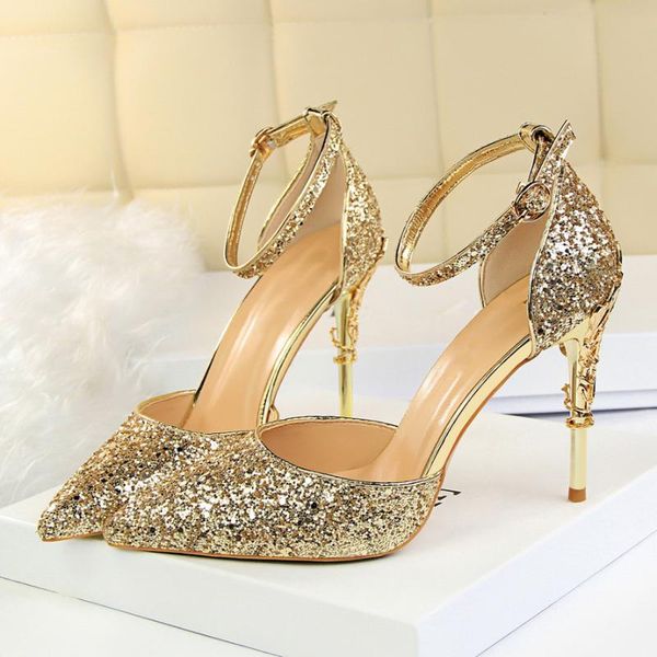

dress shoes 2021 women low 7.5cm 9.5cm high heels sandals wedding scarpins metal strap stiletto bridal glitter gold pumps, Black