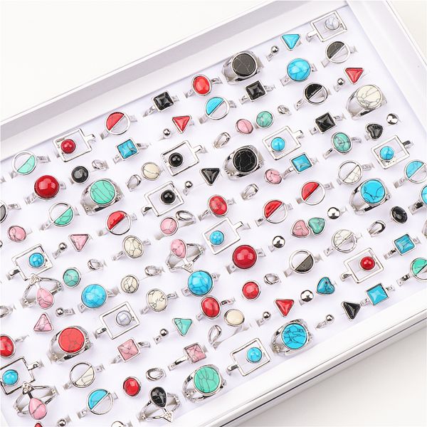 

50pcs/lot simple geometric natural stone solitaire silver plated metal adjustable rings for men women fashion party gift jewelry mix style, Golden;silver