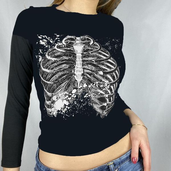 

women's t-shirt autumn women long sleeve skeleton print o-neck casual pullover exposed navel ladies short tee shirt crop, White