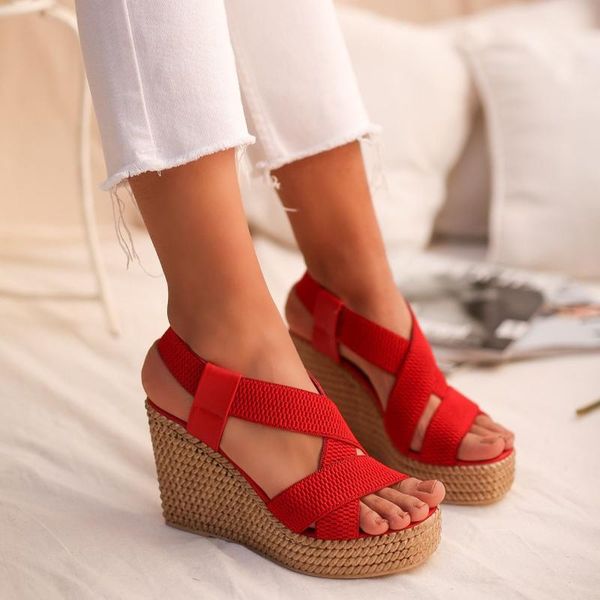 

murphy red cross strip straw detailed platform heel women's sandals, Black