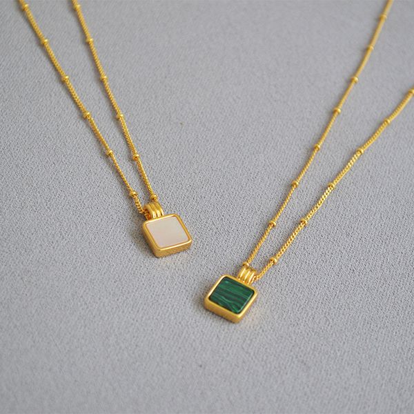 

2021 mini same vintage brass plated malachite shell necklace mother square pendant for girl or boy gift, Silver
