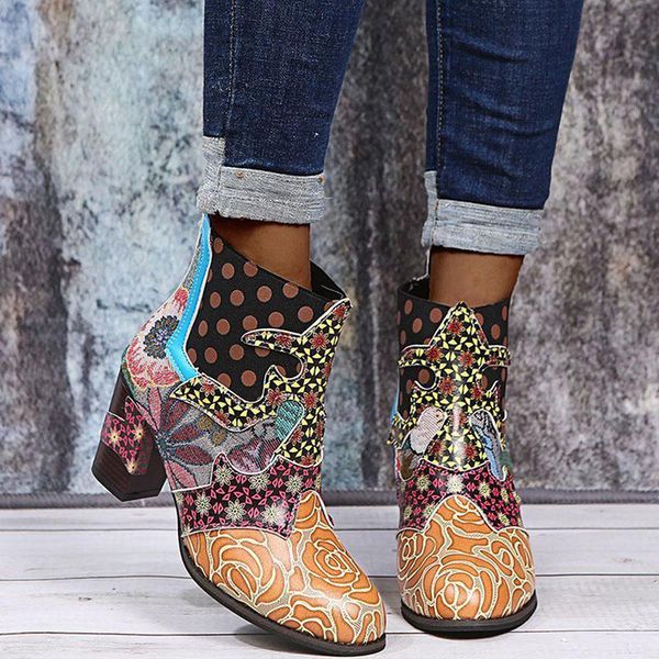 

boots fashion women printed color block heel vintage high floral patchwork side zipper western shoes office lady, Black
