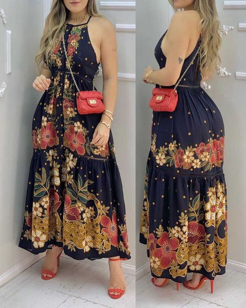 

women's 2021 new summer cross-border independent station blue floral print suspender skirt y1006, Black;gray