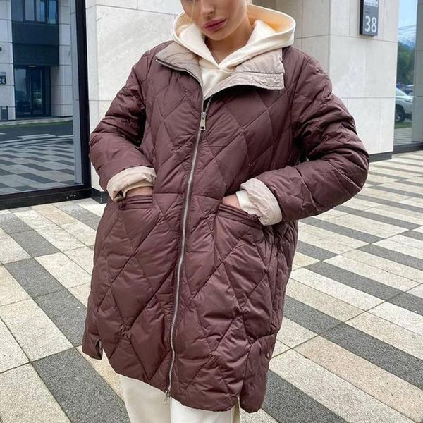 

women's down & parkas rr stand collar women fashion argyle zipper closure coats elegant loose casual cotton jackets female ladies, Black