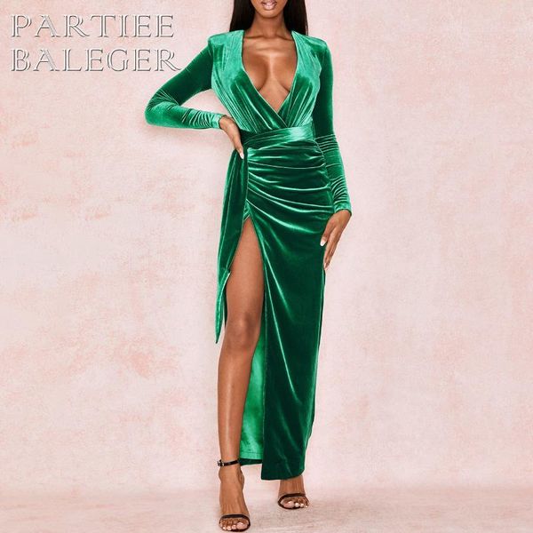 

casual dresses pb 2021 mint green deep v-plunge neckline velvet long sleevs split bodycon dress vestidos, Black;gray