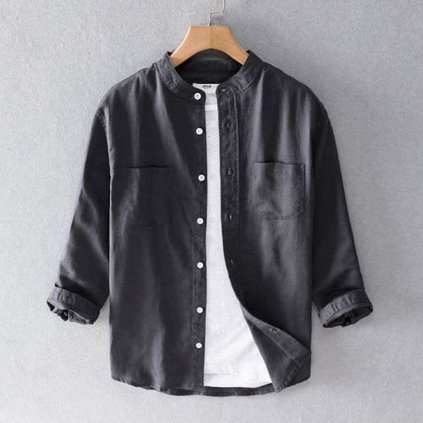 

2021 new algodo e linho vero novo estilo masculina marca de trs quartos mangas compridas camisas para moda gola camisa dos homens 5g52, White